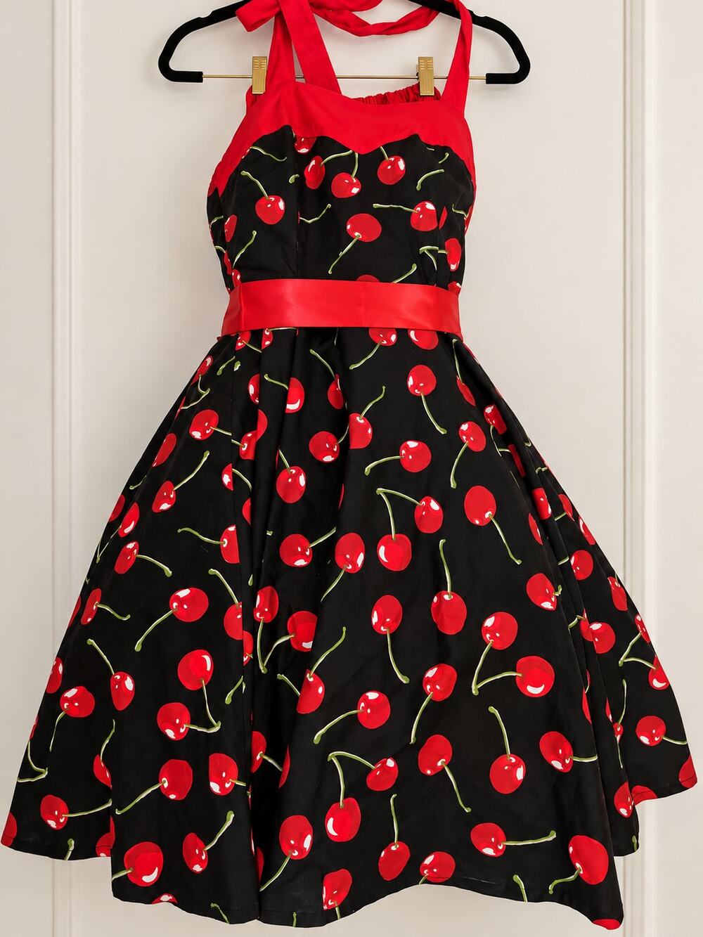 NEW Ensnovo 1950s Cherry Halter Dress + Grace Karin Petticoat – XS/S